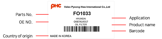 PHC Oil filter - Label Details