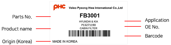 PHC Cabin filter - Label Details