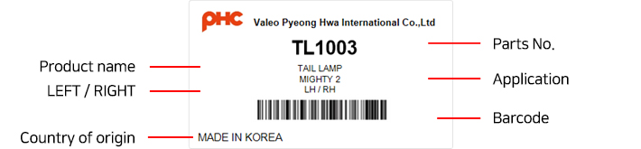 PHC Tail Lamp - Label Details